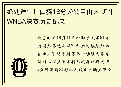 绝处逢生！山猫18分逆转自由人 追平WNBA决赛历史纪录