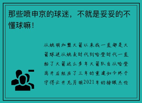 那些喷申京的球迷，不就是妥妥的不懂球嘛！